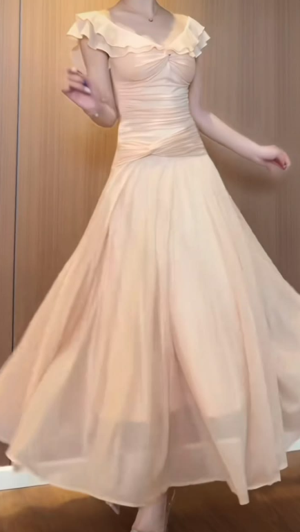 Tulle Flowy Corset Prom Gown ,  Gentle Champagne Maxi Evening Dress Ball Gown RS1795