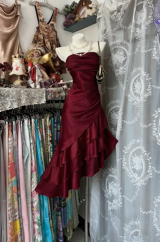 Silky Satin Flowy Corset Homecoming Dress , Burgundy Frilled Short Prom Dress RS1798