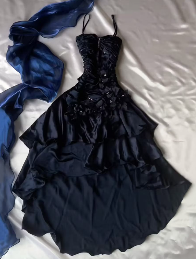 Satin Puffy Corset Prom Gown ,  High End Navy Hi-Lo Evening Dress Ball Gown RS1805