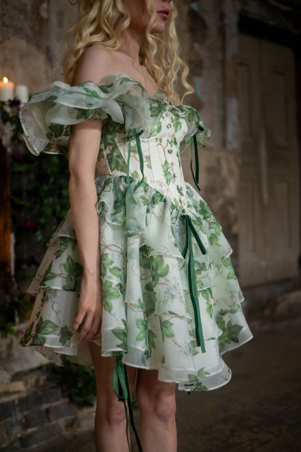 Chiffon Ruffled Flowy Corset Homecoming Dress , Vibrant Green Mini Party Dress RS1799