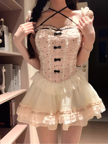 Pure desire style bow polka dot halter neck top 2025 sweet puffy skirt suit R1331