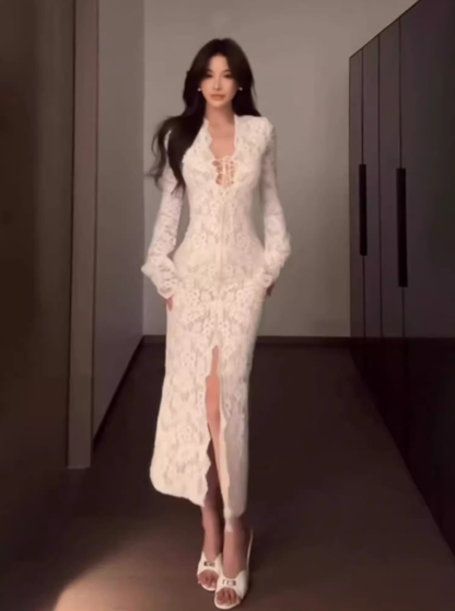 Sexy hot girl lace strap V-neck dress 2025 waist-hugging hip-wrapped slit long skirt R1205