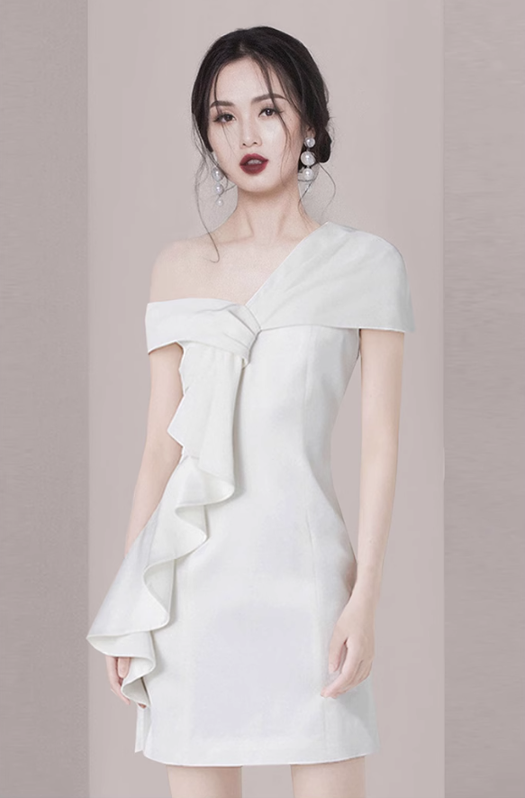 French white satin one shoulder design fashionable banquet dress homecoming dress R2982