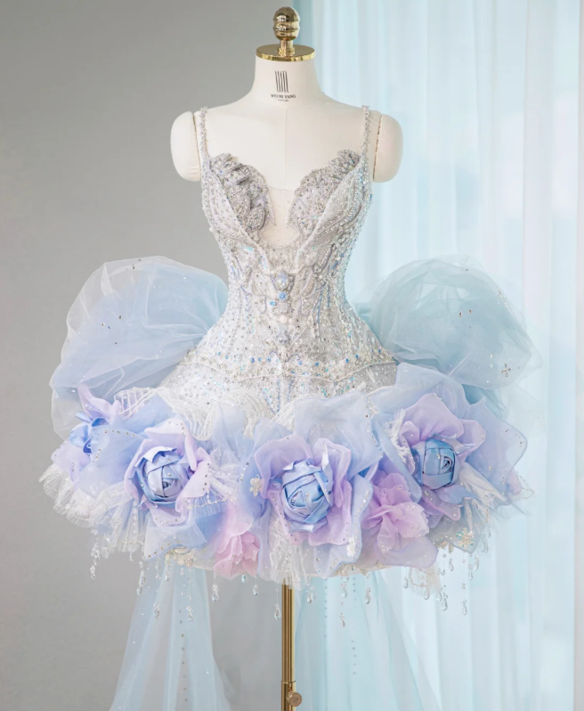 Silver strap diamond sexy purple bud skirt short skirt homecoming dress R4197