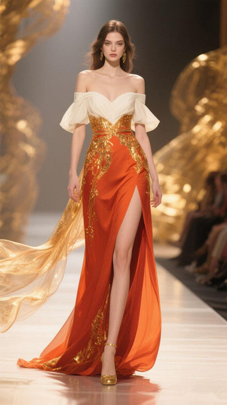 Orange dress with one shoulder design, slim waist and long dress, prom dress R5350