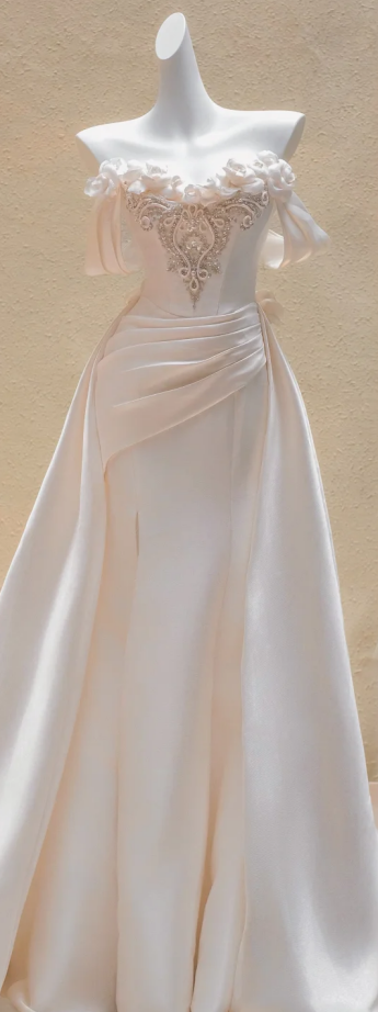 Pink one-shoulder floral neckline slim waist long dress bridal gown R5747