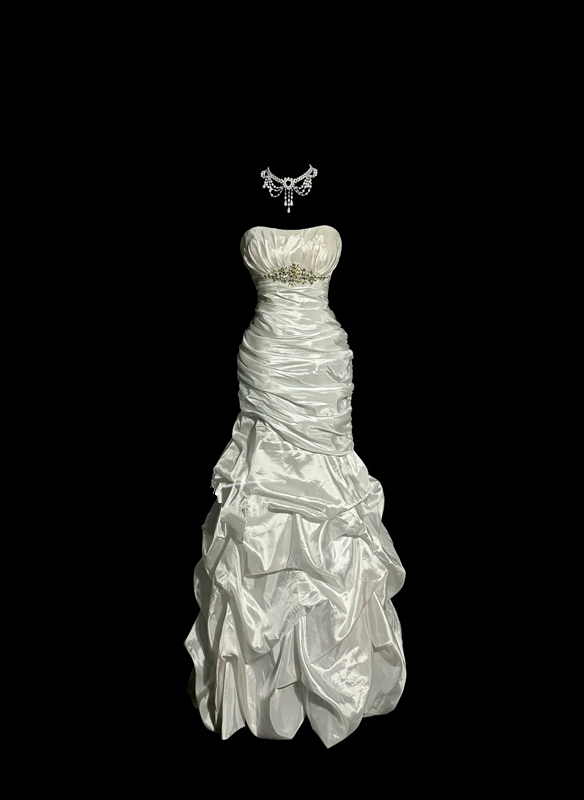 White strapless, fitted waist, pleated, full skirt, long ball gown R6660