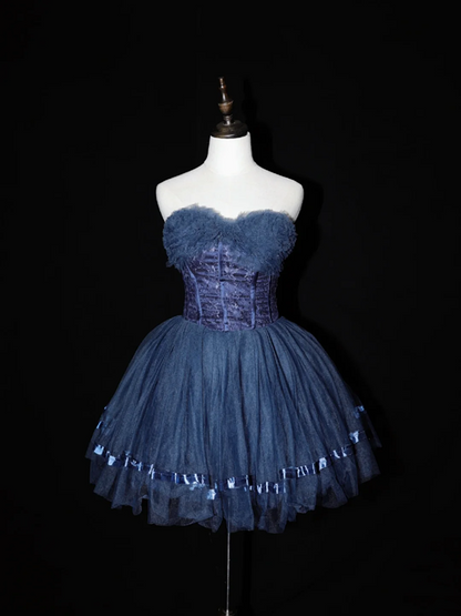 Navy blue strapless short ball gown with a cinched waist; bridal gown R7292
