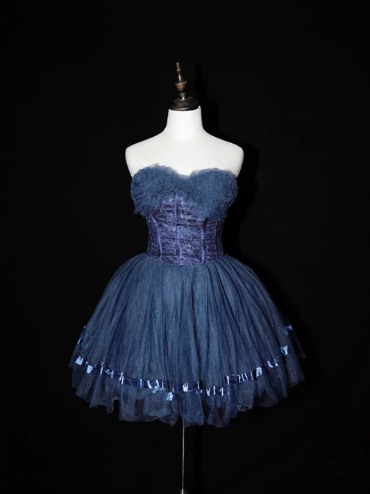 Navy blue strapless short ball gown with a cinched waist; bridal gown R7292