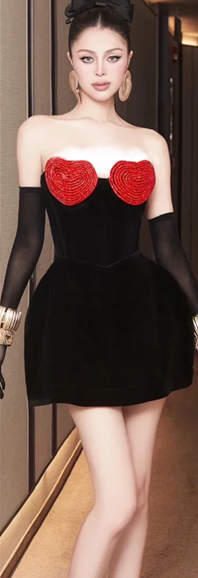 Black tube top slim waist princess puffy skirt short skirt homecoming dress R4560