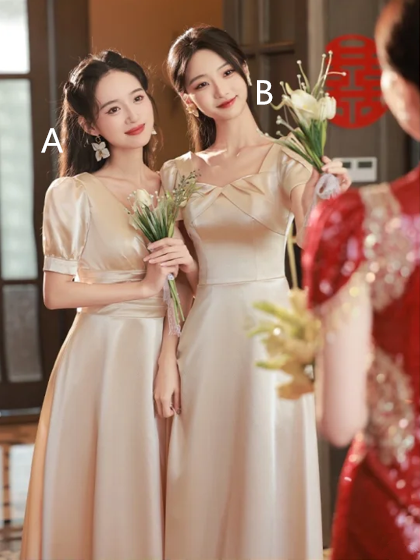 Champagne satin slim waist elegant bridesmaid dress R6122