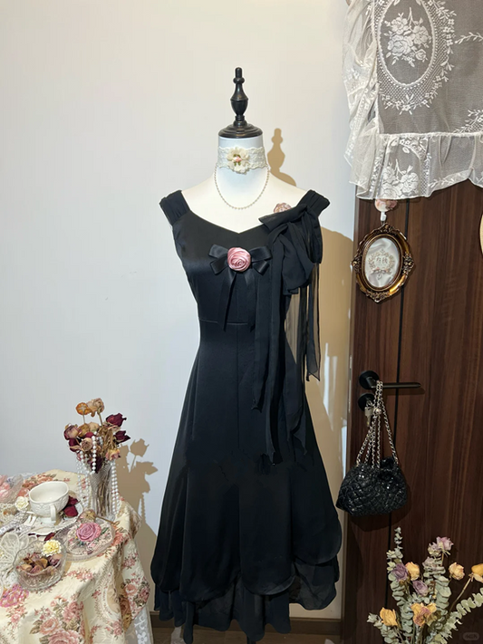 Black suspenders slim waist slimming elegant long skirt homecoming dress R4278