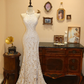 White halter-neck lace fitted waist bodycon long wedding dress R6580
