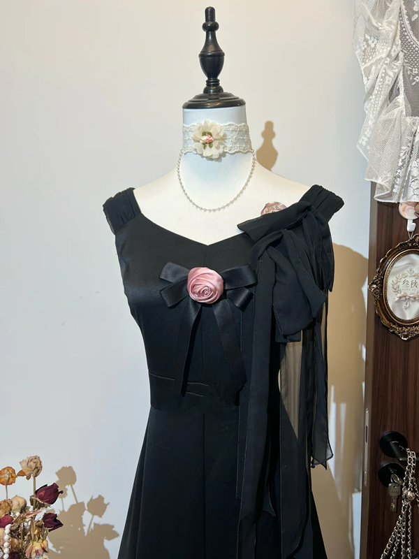 Black suspenders slim waist slimming elegant long skirt homecoming dress R4278