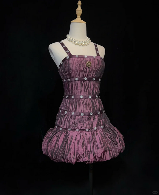 Dark purple retro suspender pleated waist puffy skirt short skirt homecoming dress R4968