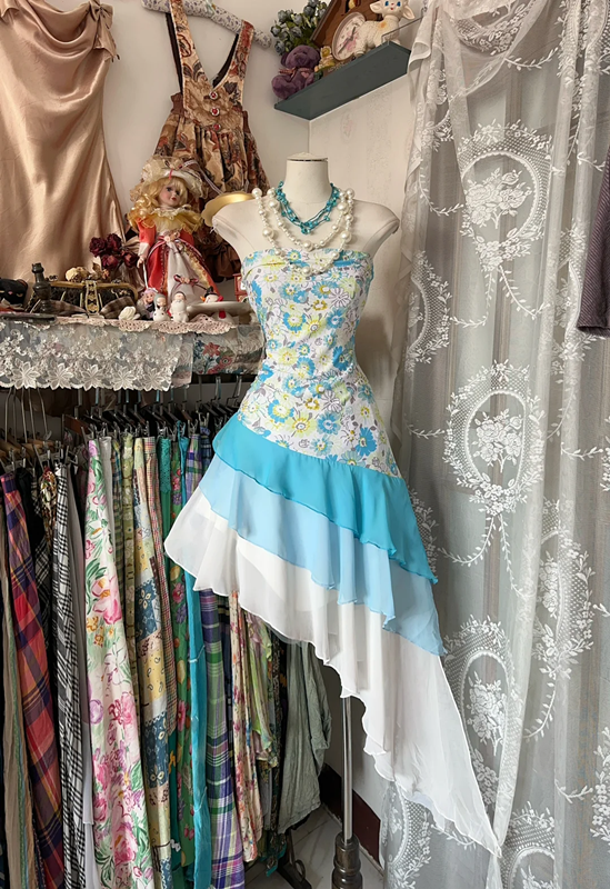 Blue floral print strapless fitted mini dress, ball gown R6260