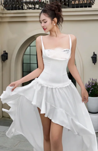 White suspenders, slim waist, irregular skirt, flowing skirt, homecoming dress R4438