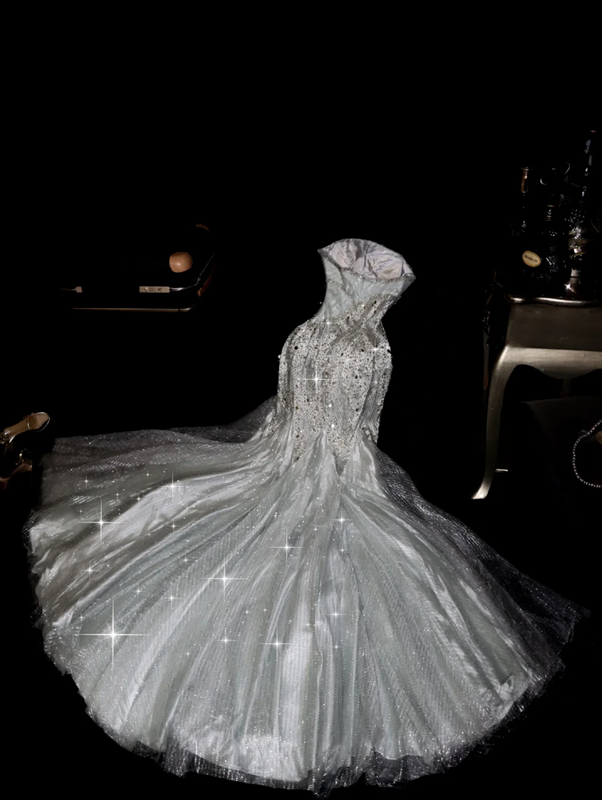 White strapless rhinestone-embellished fitted long ball gown R7019