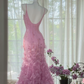 Light pink halter-neck fitted waist bodycon sexy long ball gown R7654