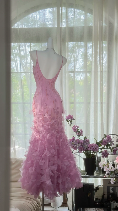 Light pink halter-neck fitted waist bodycon sexy long ball gown R7654