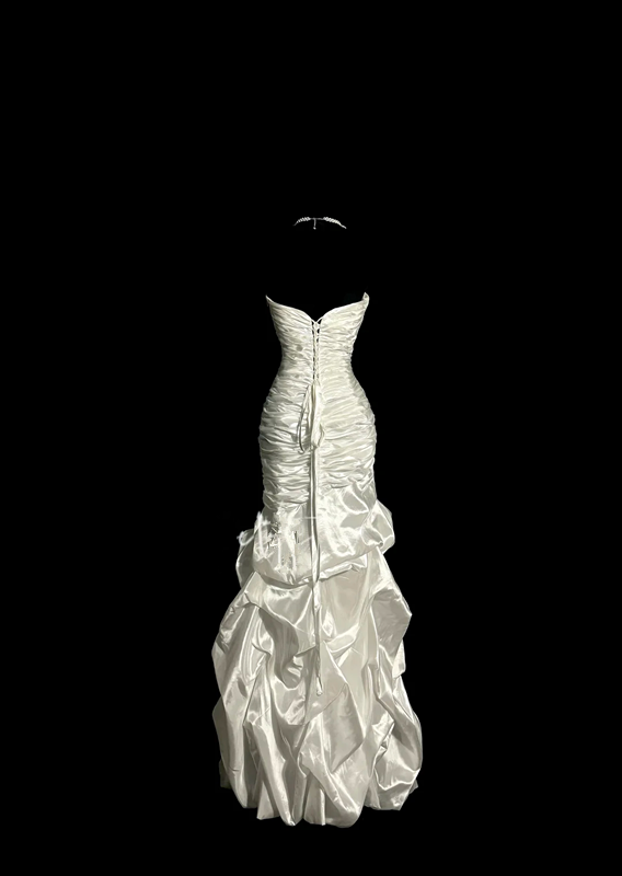 White strapless, fitted waist, pleated, full skirt, long ball gown R6660