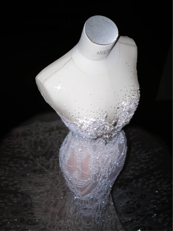 White sequined tube top pattern waist slim hip long skirt, prom dress R5629