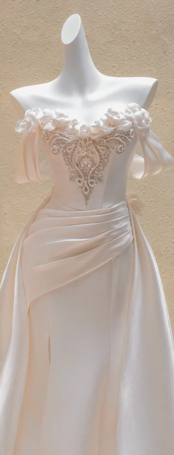 Pink one-shoulder floral neckline slim waist long dress bridal gown R5747