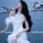 White Strapless Feather-Embellished Waist-Cinched Fitted Bodycon Prom Dress R7099