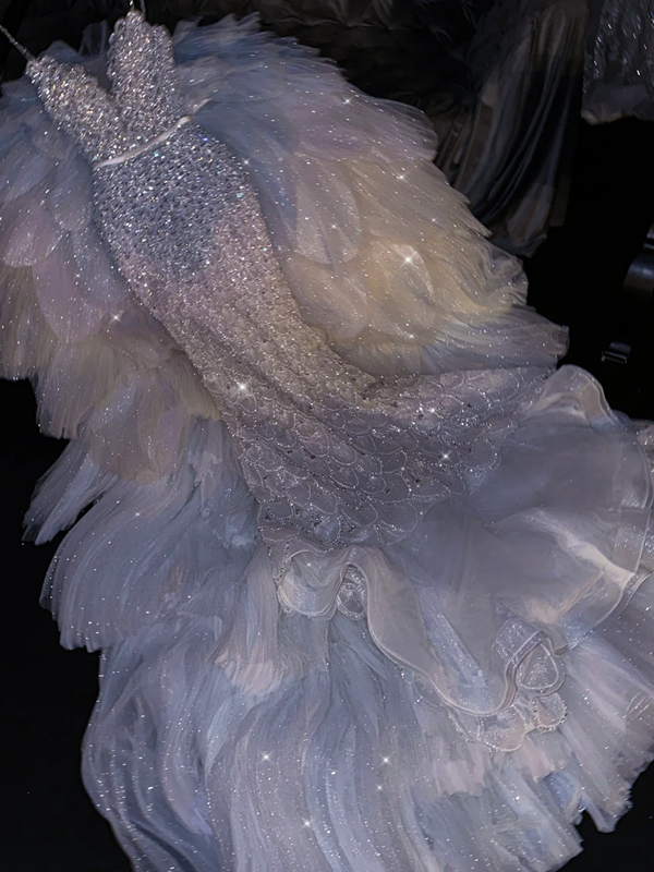 Light blue sequined halter-neck fitted long ball gown/bridal dress R8806