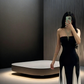 Black strapless fitted waist elegant ball gown with white skirt R8045