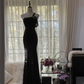 Black one-shoulder halter-neck fitted waist bodycon sexy long ball gown R7735