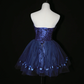 Navy blue strapless short ball gown with a cinched waist; bridal gown R7292