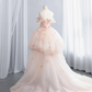 Light pink strapless, fitted waist, full skirt, long ball gown R8435