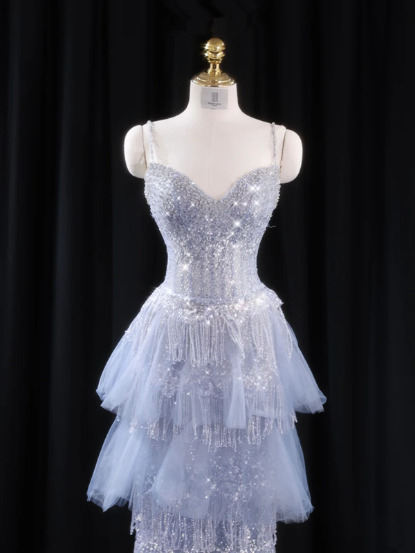 Light blue halter-neck fitted long ball gown R8926