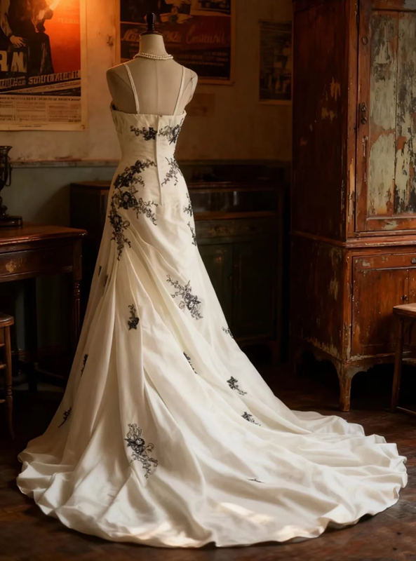 White halter-neck, black embroidered, fitted, bodycon long ball gown R6740