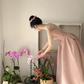 Champagne pink spaghetti strap, waist-cinched, slim-fit A-line long elegant prom dress R7966