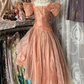 Orange puff-sleeved, fitted, pleated, asymmetrical hem long dress, ball gown R6300