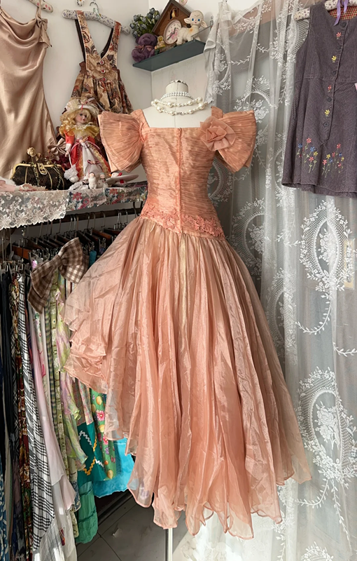 Orange puff-sleeved, fitted, pleated, asymmetrical hem long dress, ball gown R6300