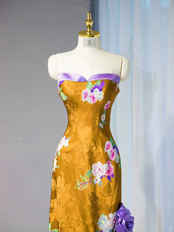 Mustard yellow strapless fitted long ball gown, bridal dress R9016