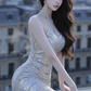 Silver strapless rhinestone-embellished fitted bodycon sexy ball gown R7539