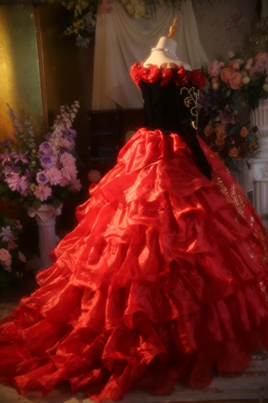 Red off-shoulder retro fitted waist ball gown/bridal dress R7272