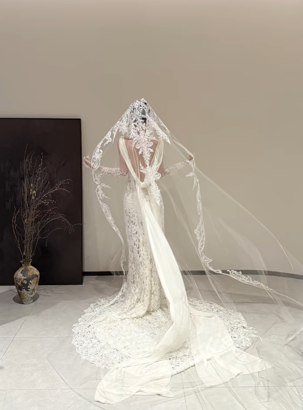 White sleeveless V-neck lace waist slim fishtail sexy long dress bridal gown R6061