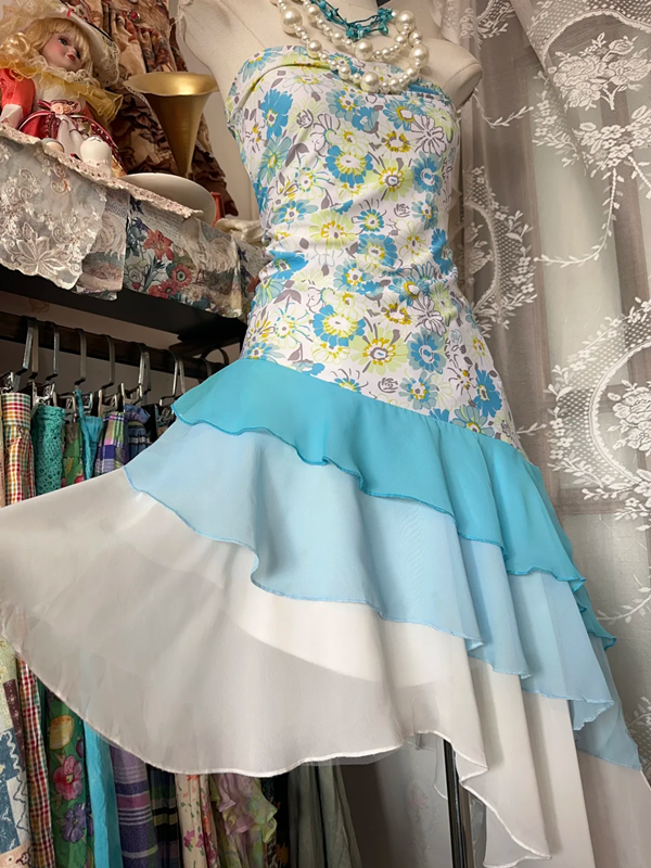 Blue floral print strapless fitted mini dress, ball gown R6260