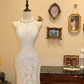 White halter-neck lace fitted waist bodycon long wedding dress R6580