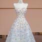 Light blue strapless fitted bodice with floral skirt, ball gown/bridal dress R8347