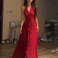 Red halter neck, fitted waist, sexy and elegant long ball gown R8089
