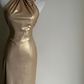 Golden sleeveless waist‑cinched slim‑fit sexy elegant long prom gown, wedding dress R8005