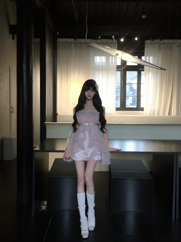 Pink tube top waist slim irregular tulle skirt homecoming dress R5087