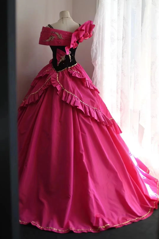 Barbie pink fitted bob with a full skirt, long ball gown, bridal dress R6819