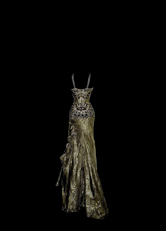 Gold halter-neck fitted long ball gown R6620